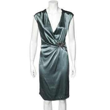 Pre Owned Roberto Cavalli Grey Silk Satin Draped Midi Dress M