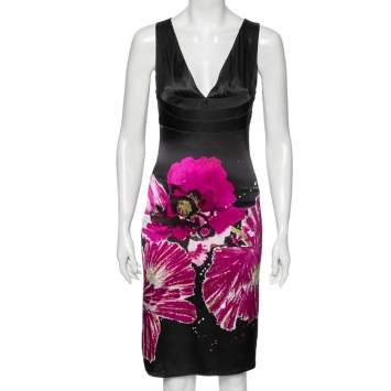 Pre Owned Roberto Cavalli Black Floral Printed Silk Sleeveless Dress S