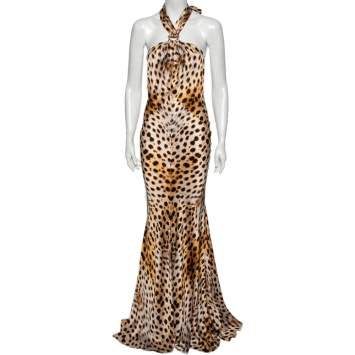 Pre Owned Roberto Cavalli Multicolored Animal Printed Silk Halter Neck Dress S