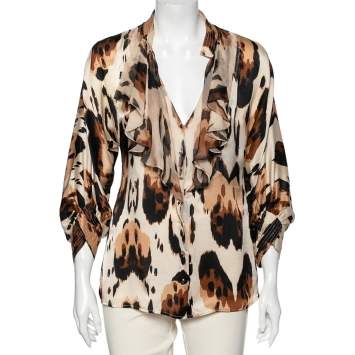 Pre Owned Roberto Cavalli Beige Animal Printed Silk Ruffle Trimmed Blouse S