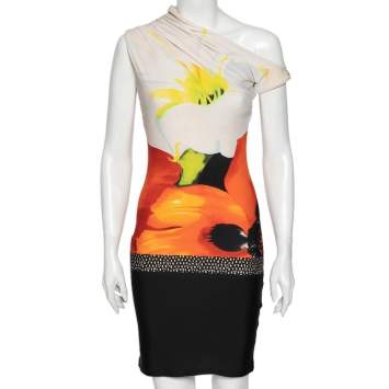 Pre Owned Roberto Cavalli Multicolored Printed Jersey Gathered Detail Dress S 