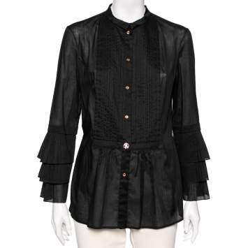 Pre Owned Roberto Cavalli Black Cotton Pintuck Detailed Button Front Tunic L