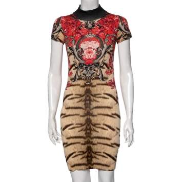 Pre Owned Roberto Cavalli Multicolored Printed Wool Mock Neck Detailed Dress S