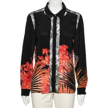 Pre Owned Roberto Cavalli Black Printed Silk & Lace Inset Detailed Button Front Shirt M