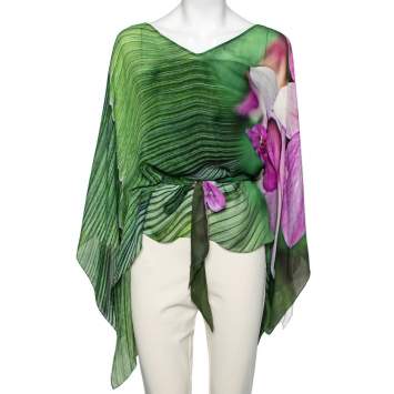 Pre Owned Roberto Cavalli Green Printed Asymmetrical Belted Kaftan Top M