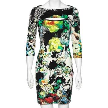 Pre Owned Roberto Cavalli Multicolored Printed Jersey Cut-Out Detailed Dress M