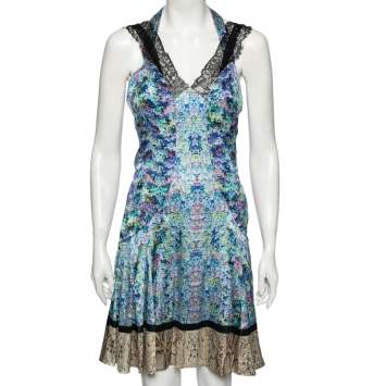 Pre Owned Roberto Cavalli Multicolored Printed Silk Lace Trimmed Dress M