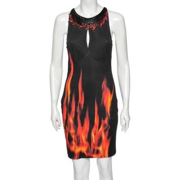 Pre Owned Roberto Cavalli Black Fire Printed Jersey Embellished Neck Dress M