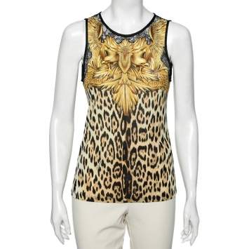 Pre Owned Roberto Cavalli Multicolored Jersey & Lace Inset Tank Top M