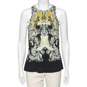 Pre Owned Roberto Cavalli Multicolored Printed Georgette Lace Trim Detailed Top M
