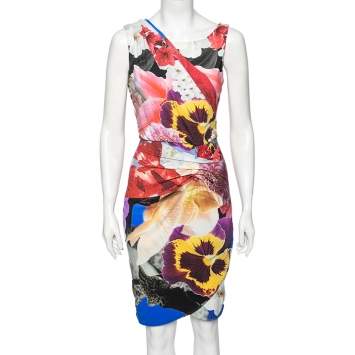 Pre Owned Roberto Cavalli Multicolored Floral Printed Jersey Ruched Detailed Dress M