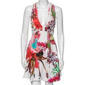 Pre Owned Roberto Cavalli Multicolor Floral Printed Jersey Pleated Plunging Neck Dress S