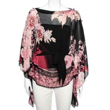 Pre Owned Roberto Cavalli Black and Pink Floral Printed Silk Kimono Belted Top L