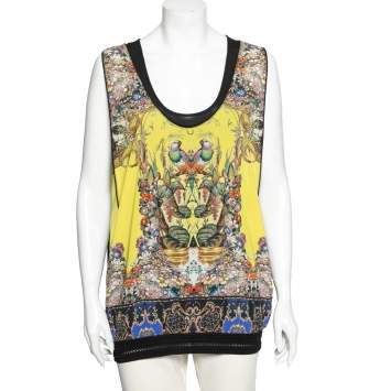 Pre Owned Roberto Cavalli Yellow Printed Chiffon & Knit Overlay Sleeveless Top M 