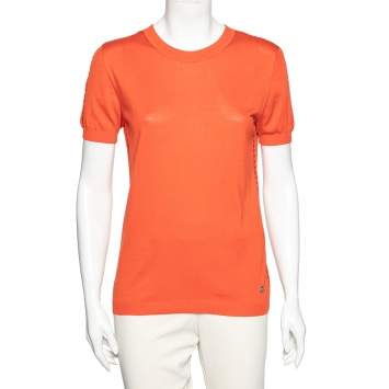 Pre Owned Roberto Cavalli Orange Silk Knit Cut-Out Pattern Detailed Top M
