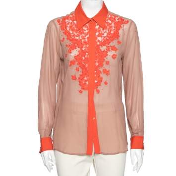 Pre Owned Roberto Cavalli Dusky Pink & Orange Embellished Lace Trimmed SIlk Shirt M