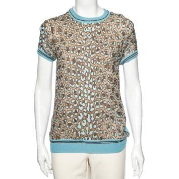 Pre Owned Roberto Cavalli Blue Animal Printed Silk & Rib Knit Trim T-Shirt S