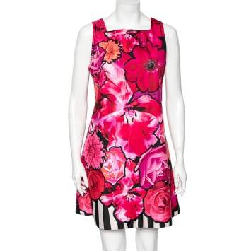 Pre Owned Roberto Cavalli Pink Floral Printed Silk Sleeveless Dress M