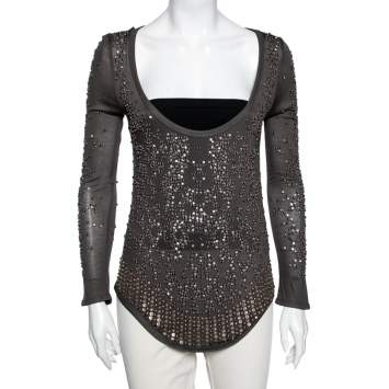Pre Owned Roberto Cavalli Brown Sequin Embellished Modal Knit Scoop Neck T-Shirt S