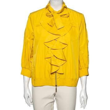 Pre Owned Roberto Cavalli Yellow Synthetic Ruffled Bomber Jacket L