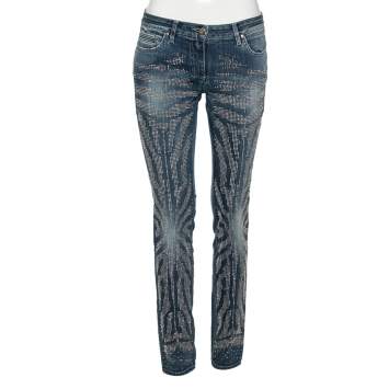 Pre Owned Roberto Cavalli Blue Stud Embellished Denim Slim Fit Jeans M