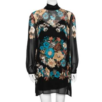 Pre Owned Roberto Cavalli Black Floral Print Sheer Silk Dress M
