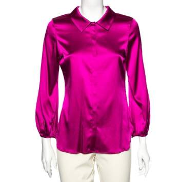 Pre Owned Roberto Cavalli Fuchsia Silk Button Front Long Sleeve Shirt M