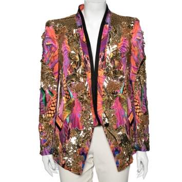 Pre Owned Roberto Cavalli Multicolor Embellished Printed Silk Blazer M