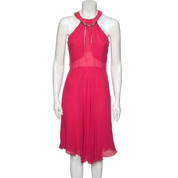 Pre Owned Roberto Cavalli Pink Silk Chiffon Embellished Neck Detail Dress M 
