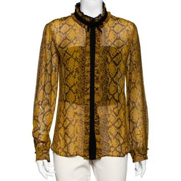 Pre Owned Roberto Cavalli Mustard Yellow Python Print Silk Ruffle Detail Front Shirt M