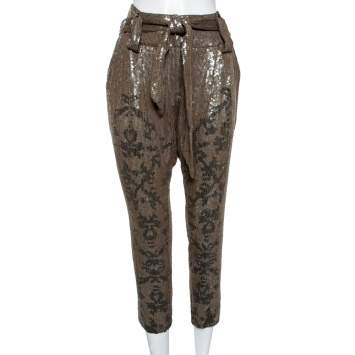 Pre Owned Roberto Cavalli Olive Green Printed Sequin Embellished Silk Pants M