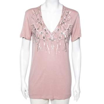 Pre Owned Roberto Cavalli Pink Jersey Embellished V-Neck Short Sleeve T-Shirt M
