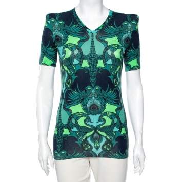 Pre Owned Roberto Cavalli Blue & Green Animal Print Stretch Knit T-Shirt M