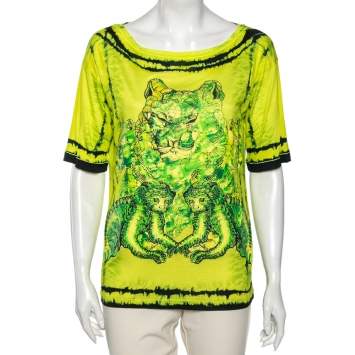 Pre Owned Roberto Cavalli Neon Green and Yellow Printed Jersey Short Sleeve Top M