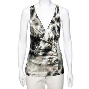 Pre Owned Roberto Cavalli Green Abstract Print Satin Sleeveless Blouse M