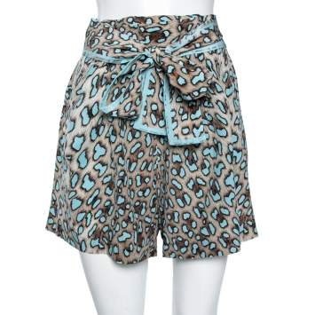 Pre Owned Roberto Cavalli Brown & Blue Animal Print Silk Faux Wrap Shorts M