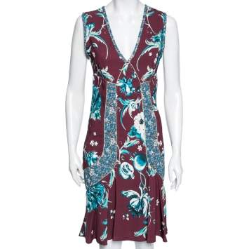 Pre Owned Roberto Cavalli Burgundy Floral Printed Jersey Flared V Neck Dress M