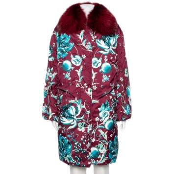 Pre Owned Roberto Cavalli Wine Red Floral Printed Synthetic Fur Collar Trim Coat M
