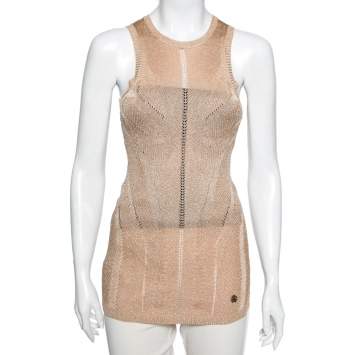 Pre Owned Roberto Cavalli Gold Perforated Textured Knit Top M