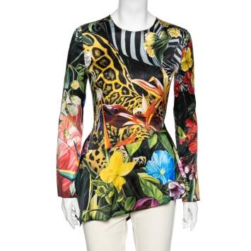 Pre Owned Roberto Cavalli Multicolor Floral Printed Satin Asymmetric Hem Top M