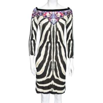 Pre Owned Roberto Cavalli Black and Brown Animal and Crystal Printed Crepe Dress M