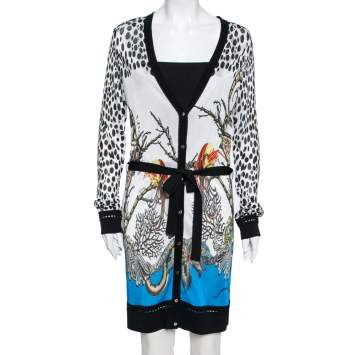 Pre Owned Roberto Cavalli White Animal Print Button Front Belted Cardigan M