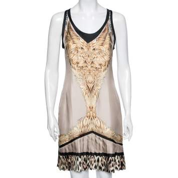 Pre Owned Roberto Cavalli Beige Printed Silk Pleated Hem Sleeveless Dress M