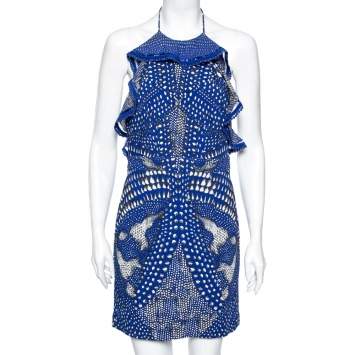 Pre Owned Roberto Cavalli Blue Printed Crepe Open Back Mini Dress M