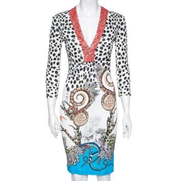 Pre Owned Roberto Cavalli Multicolor Animal Printed Jersey Beaded V Neck Dress M