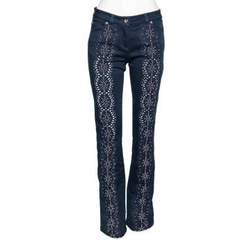 Pre Owned Roberto Cavalli Navy Blue Beaded and Embroidered Cut Straight Pants M
