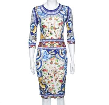 Pre Owned Roberto Cavalli Blue Floral Printed Jersey Dress M