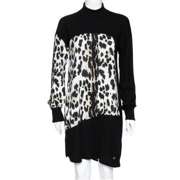 Pre Owned Roberto Cavalli Black and Brown Leopard Print Wool & Silk Turtleneck Dress M
