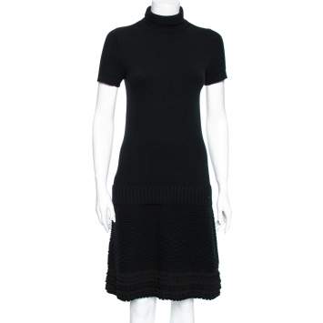 Pre Owned Roberto Cavalli Black Wool Wave and Ruffle Textured Hem Turtleneck Dress M