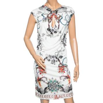 Pre Owned Roberto Cavalli White Floral Printed Jersey Dress M